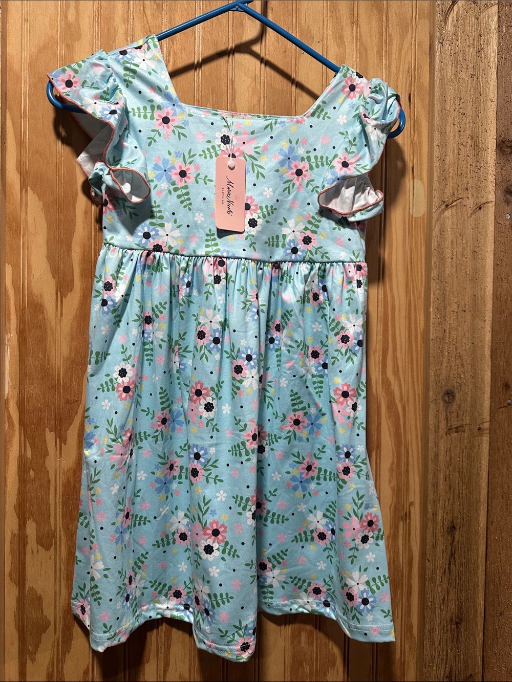 Girls' Light Blue Floral Ruffle-Sleeve Dress